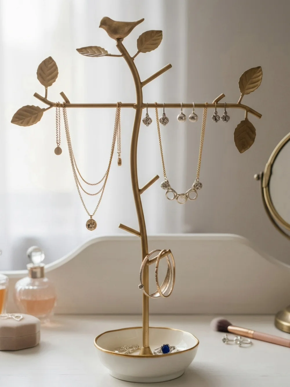 Vintage Style Gold Bird & Leaf Jewelry Tree Stand Organizer Vanity Display